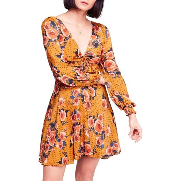Free People Morning Light Floral Print Ruched Mini Dress Long Sleeve Gold 8 NWT - Picture 2 of 10